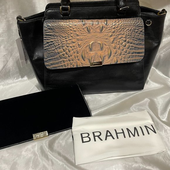 Brahmin ROBIN Leather Satchel Black Topsail Handbag Interchangeable Flaps X 2 - Picture 4 of 12